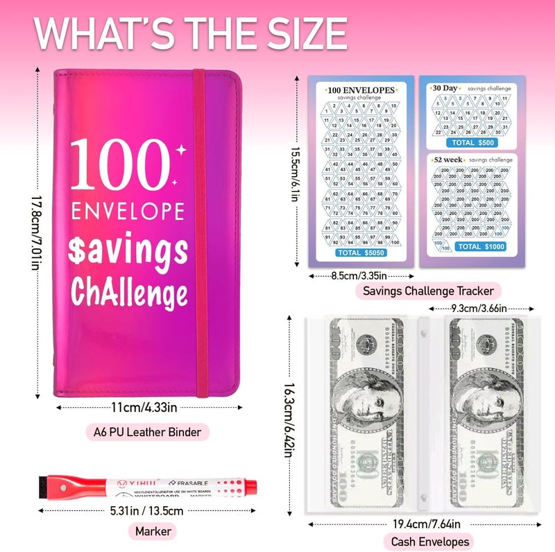 gusutide 100 Envelope Money Savings Challenge Binder, Money Saving Binder with Cash Envelopes, from 30 Days to 52 Weeks, to Save $500,$5,050 and $10,000, back to school supplies,gift for children (fuchsia rose-A6) - Image 2